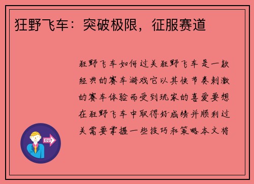 狂野飞车:突破极限,征服赛道 狂野飞车:突破极限,征服赛道